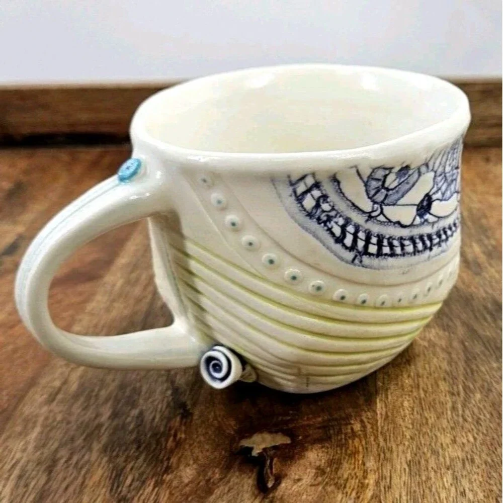 Studio Art Pottery Slab Built Coffee Tea Mug Abstract Floral Blue Green White Lg